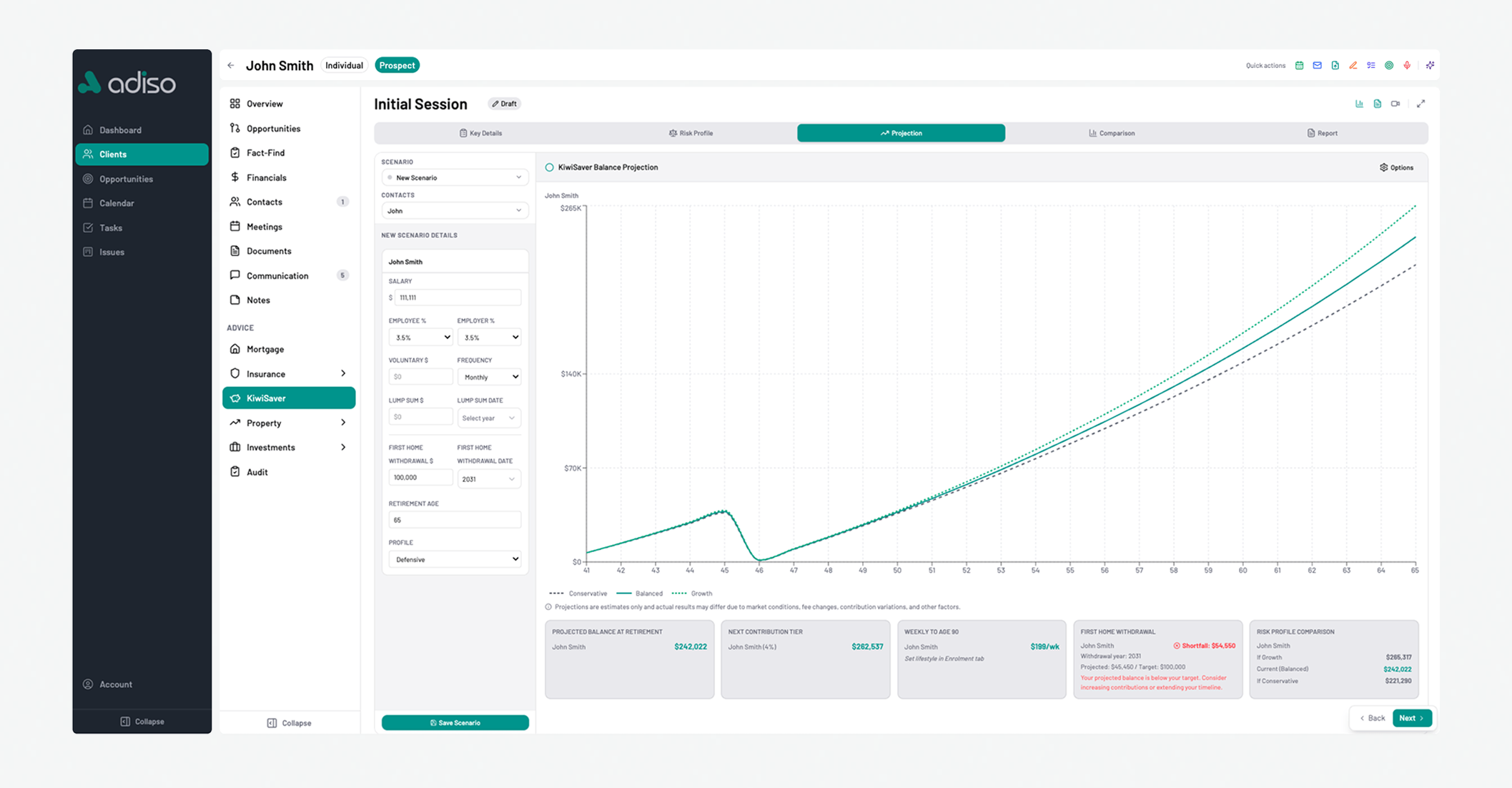 Adiso platform — KiwiSaver projection and advice workflow