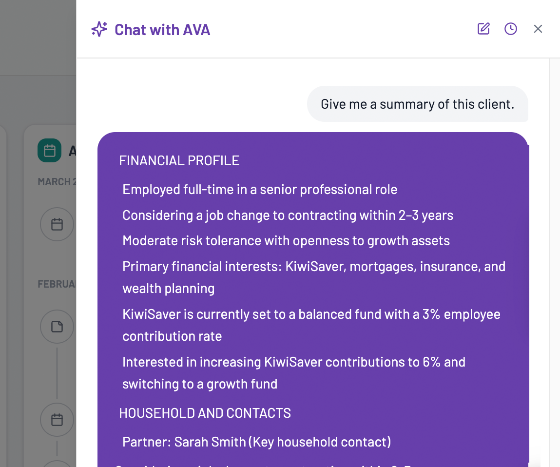 Chat with AVA — AI advice assistant showing a client financial profile summary