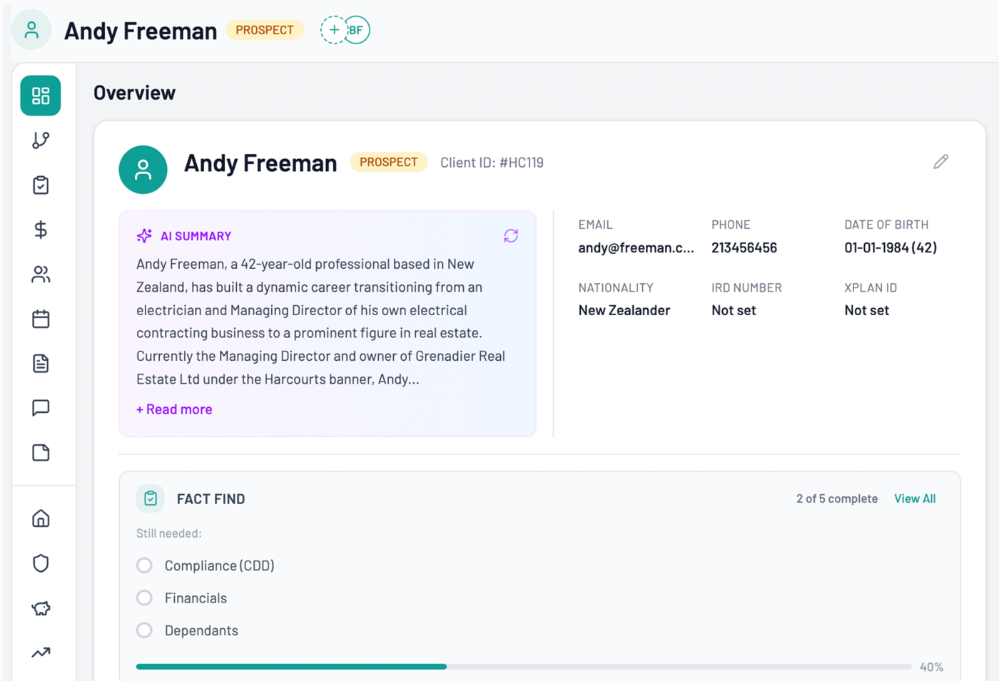 Client record — AI summary and fact find progress in Adiso