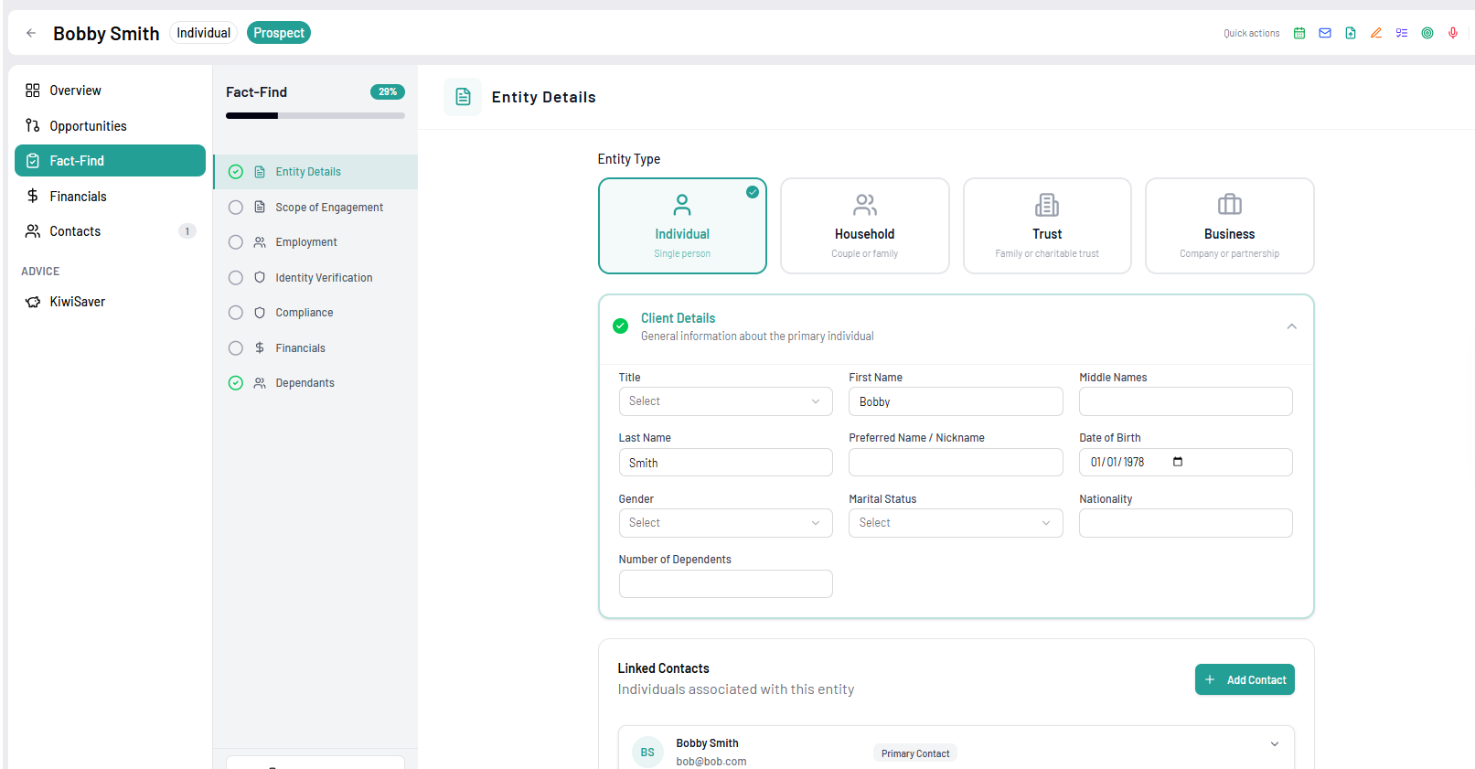Client onboarding — fact find and entity details in Adiso