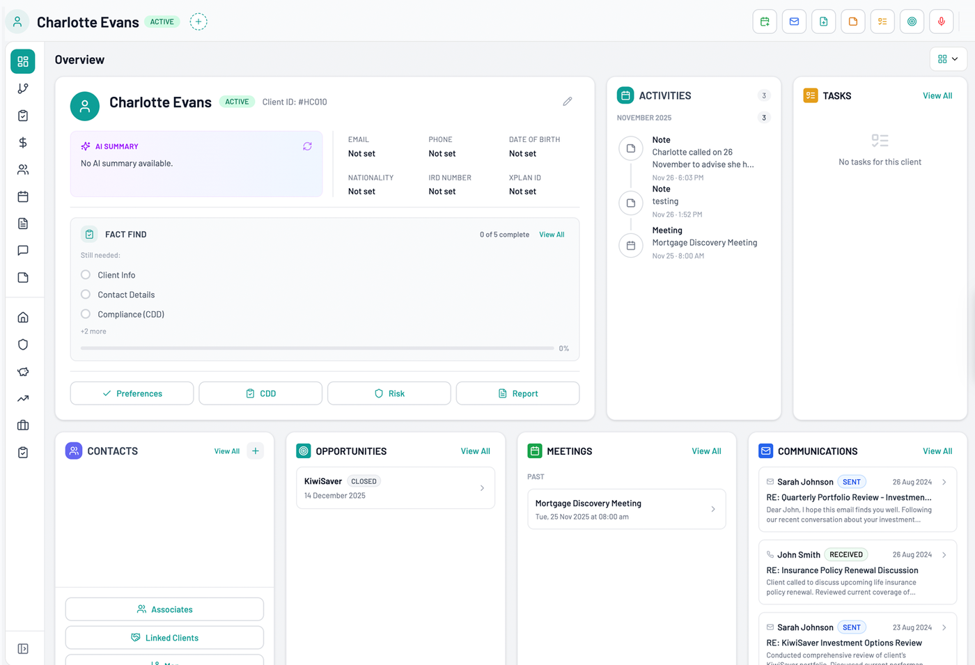 Client overview — activities, tasks, meetings and communications in Adiso