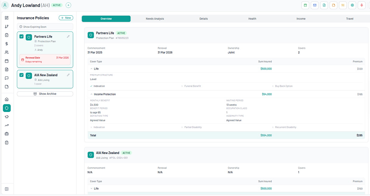 Insurance policies — policy overview with cover details in Adiso