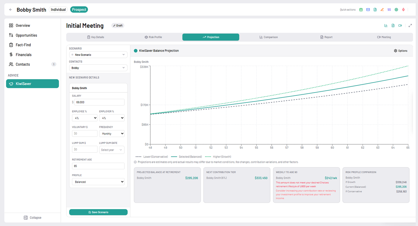 End-to-end KiwiSaver advice workflow — projection and scenario modelling in Adiso