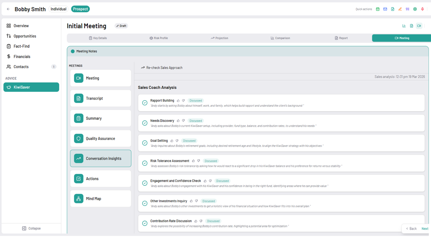 Meeting conversation insights — sales coach analysis in Adiso