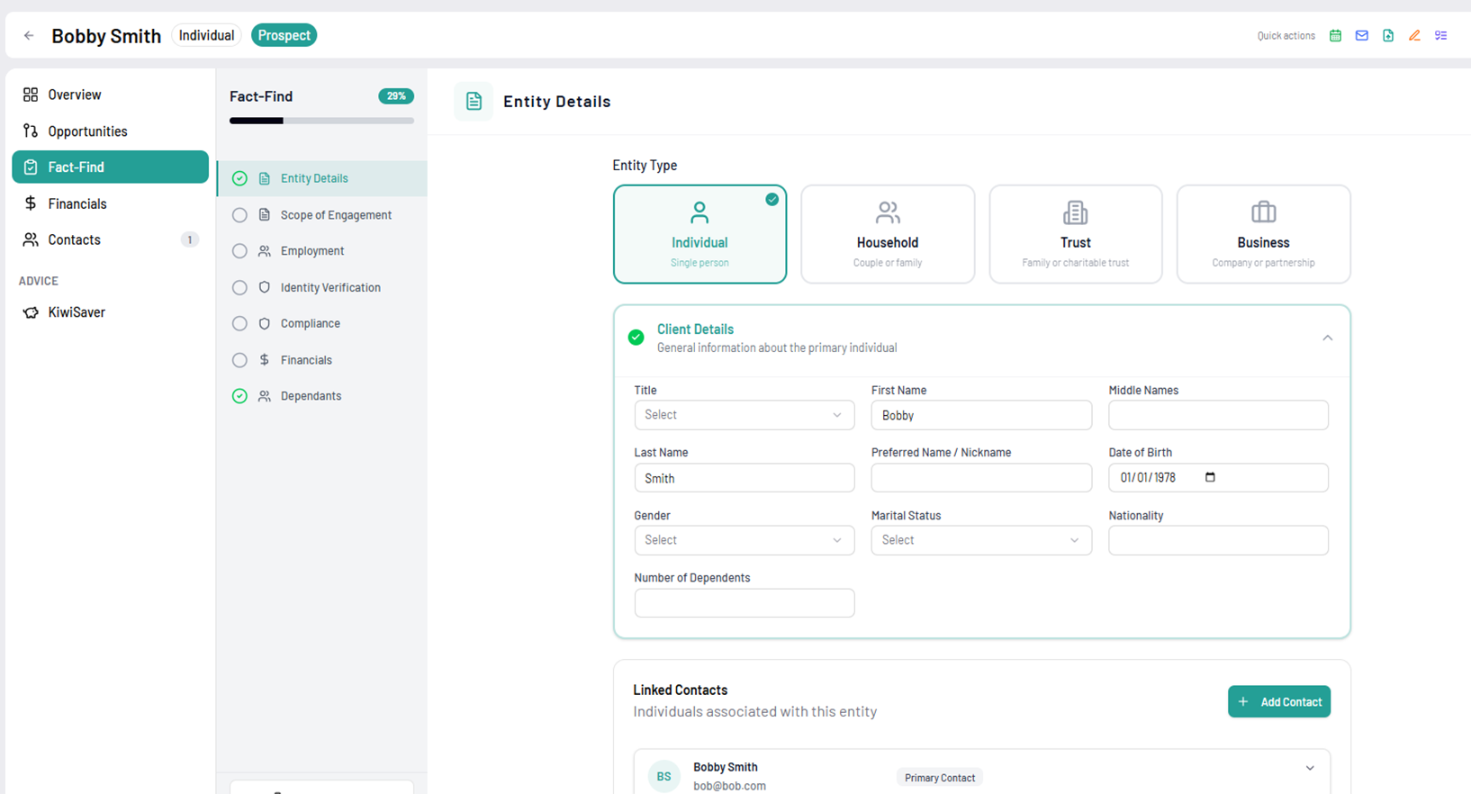 Mortgage advice fact find — entity and client details in Adiso